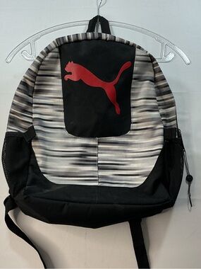 Puma Black and Gray Striped Backpack with Red Puma Logo